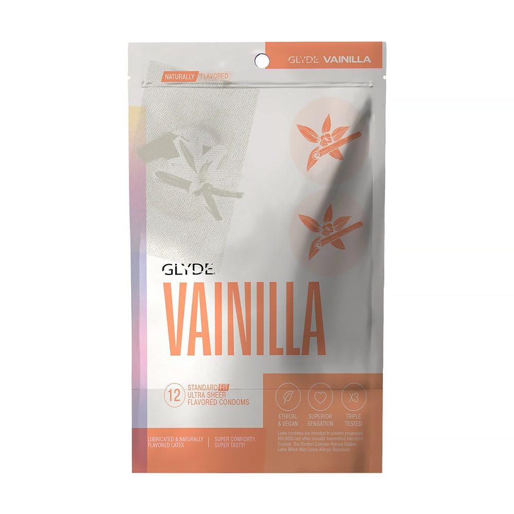 Glyde Ultrathin Latex Condom Vanilla Flavored 12-count package featuring vanilla design, highlighting ethical and vegan features.