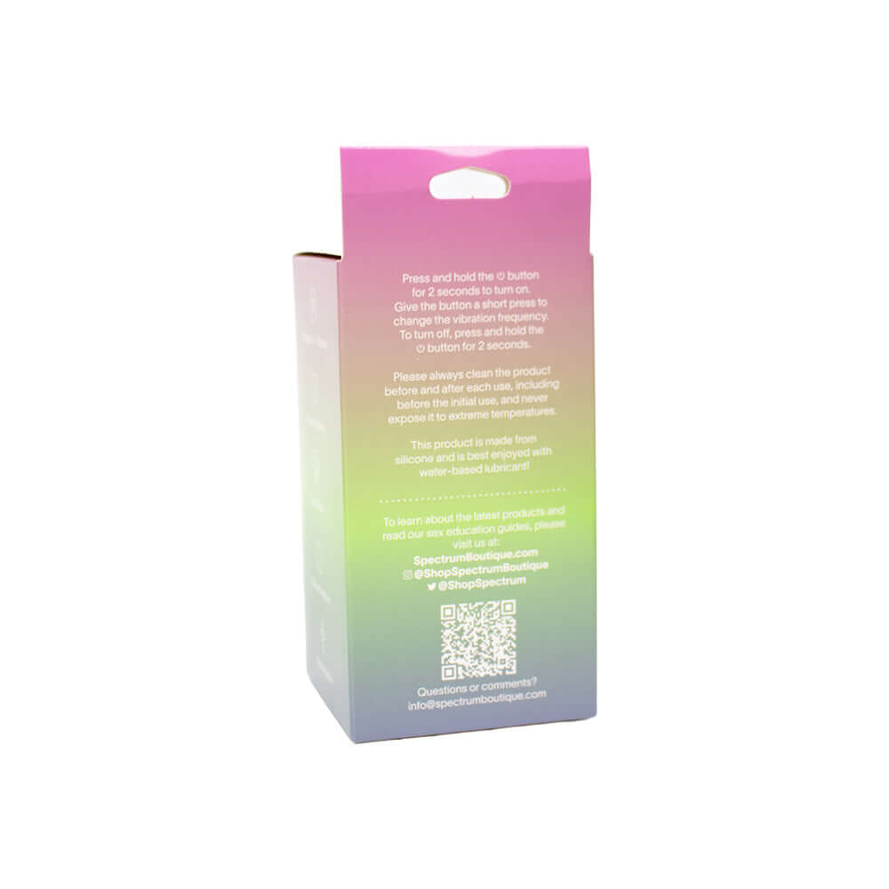 Spectrum Essentials Compact External Vibrator Purple packaging instructions and care information.