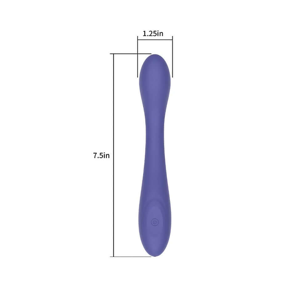Illustration showing dimensions of Spectrum Essentials Silicone G-spot Vibrator Purple, 7.5 inches long and 1.25 inches wide.