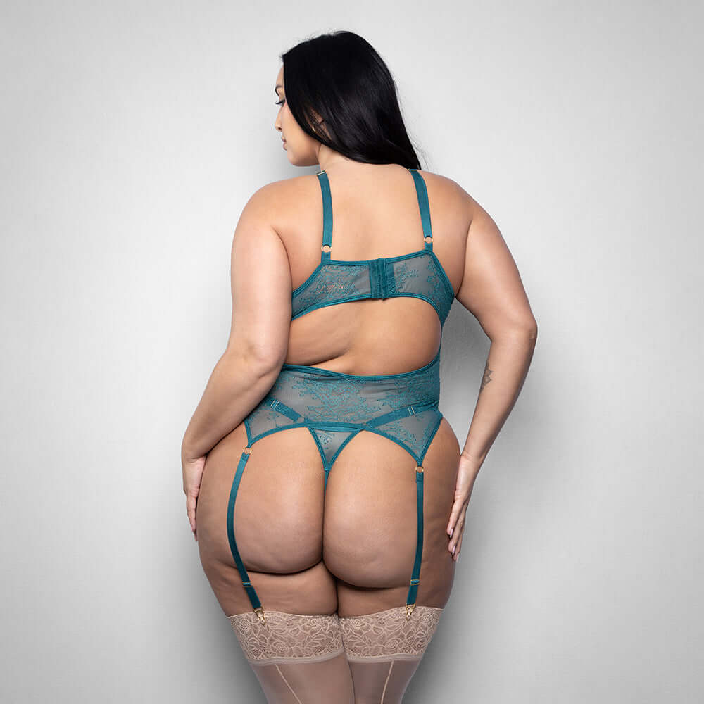 Fantasy Lingerie Kasmira Crotchless Bustier Set 3XL/4XL displayed from the back highlighting the lace and garter design.