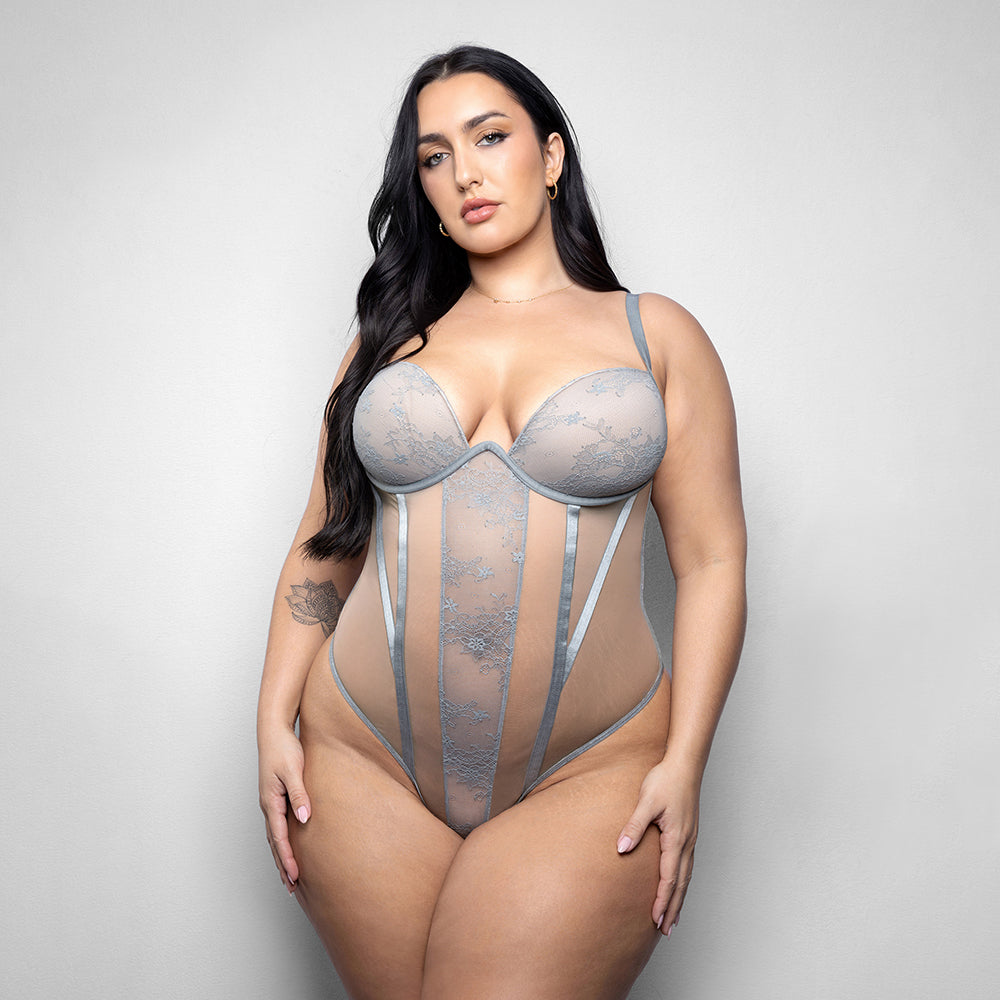 Fantasy Lingerie Elusive Mila Molded Cup Teddy XL/2XL showcasing delicate lace and sheer mesh for an alluring look.