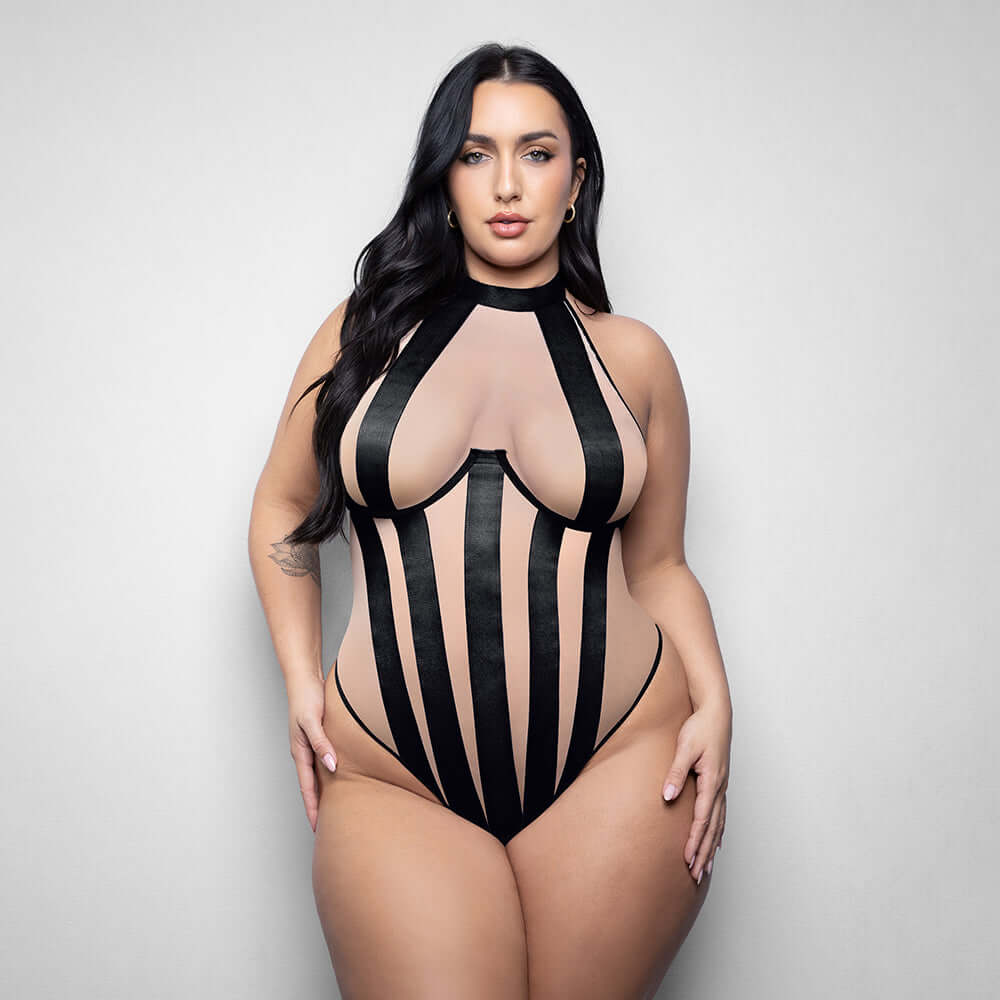 Fantasy Lingerie Verena High Neck Stripe Teddy XL 2XL featuring black and nude stripe design on a plus-size model.
