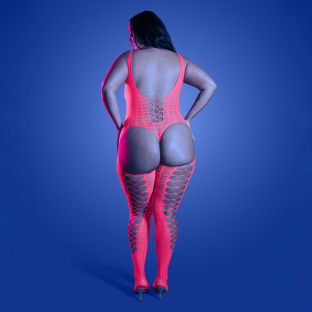 Fantasy Lingerie Glow Turn Up Bodystocking Queen Size showcasing a neon-pink glowing fit in a stylish back view.