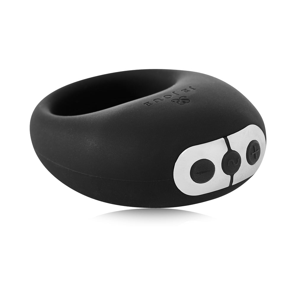 Je Joue Mio V2 Vibrating Cock Ring Black side view with control buttons isolated on white background.