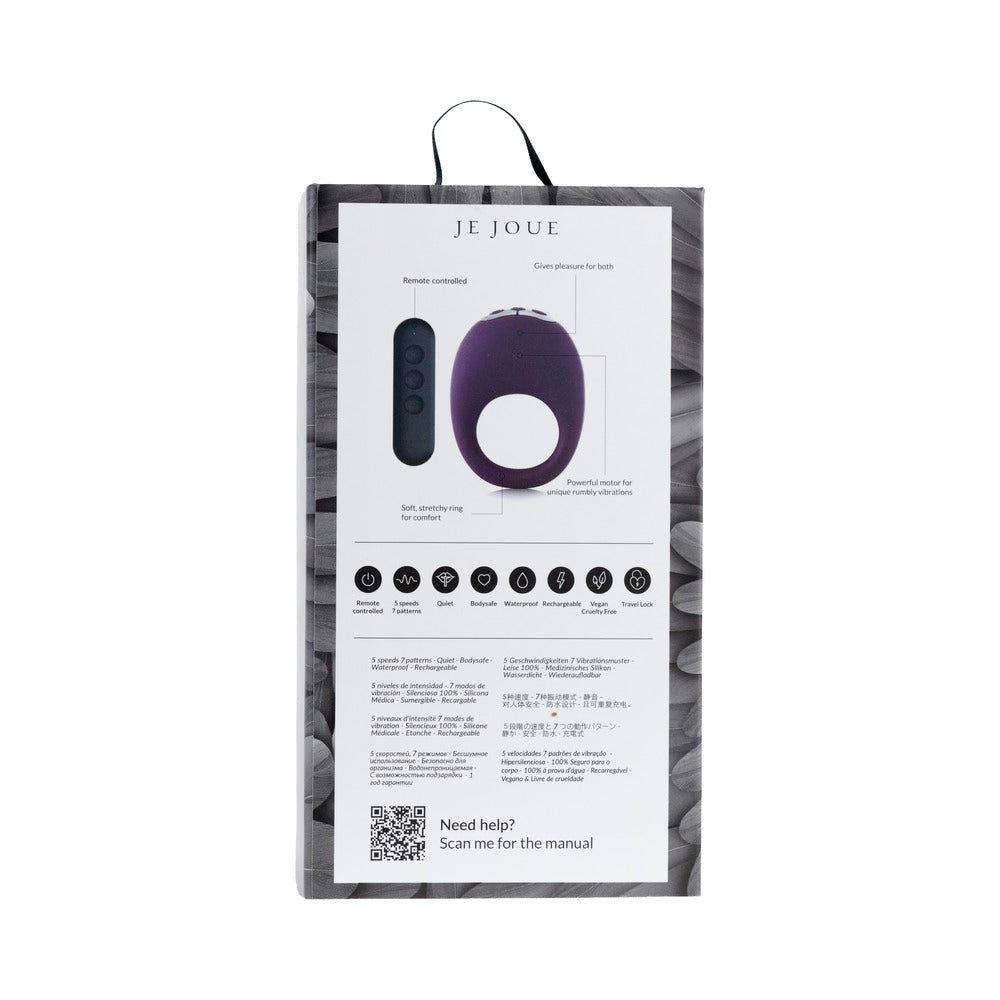 Je Joue Mio V2 Vibrating Cock Ring Black product packaging with remote control features and instructions.