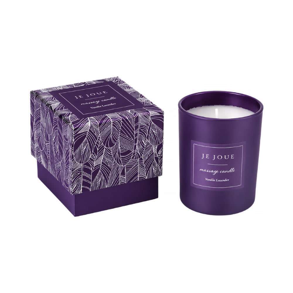 Je Joue Purple Vanilla Massage Candle 160g in a purple container with elegant packaging.