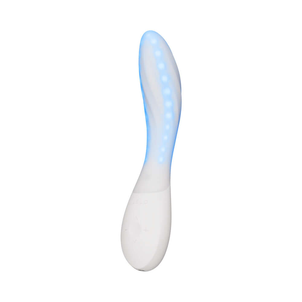Lelo Mona Spectra Massager Light Pink with LED light features and ergonomic design.