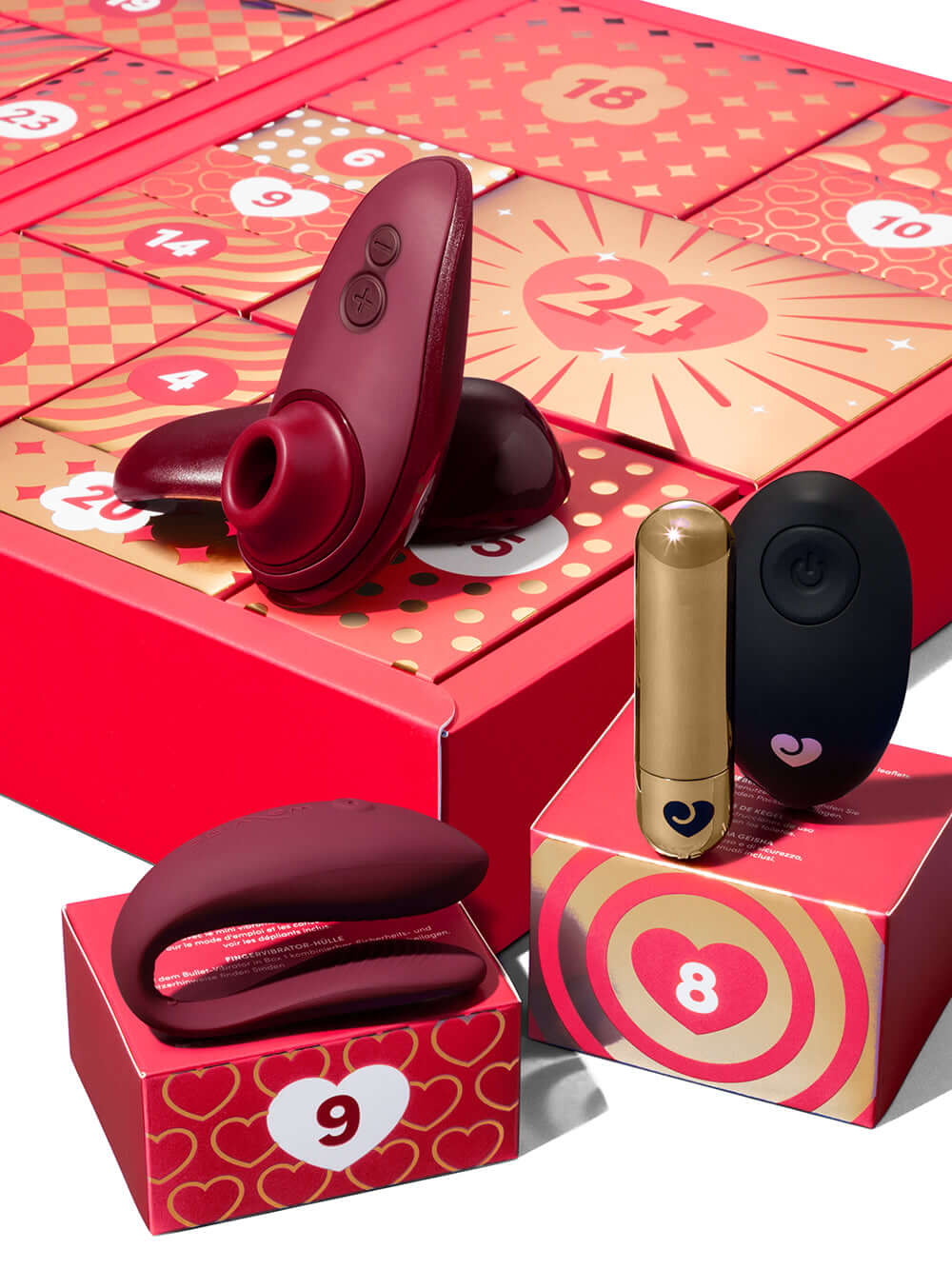 Lovehoney Womanizer We-Vibe Couples Advent Calendar 2026 with sensual toys and colorful packaging.
