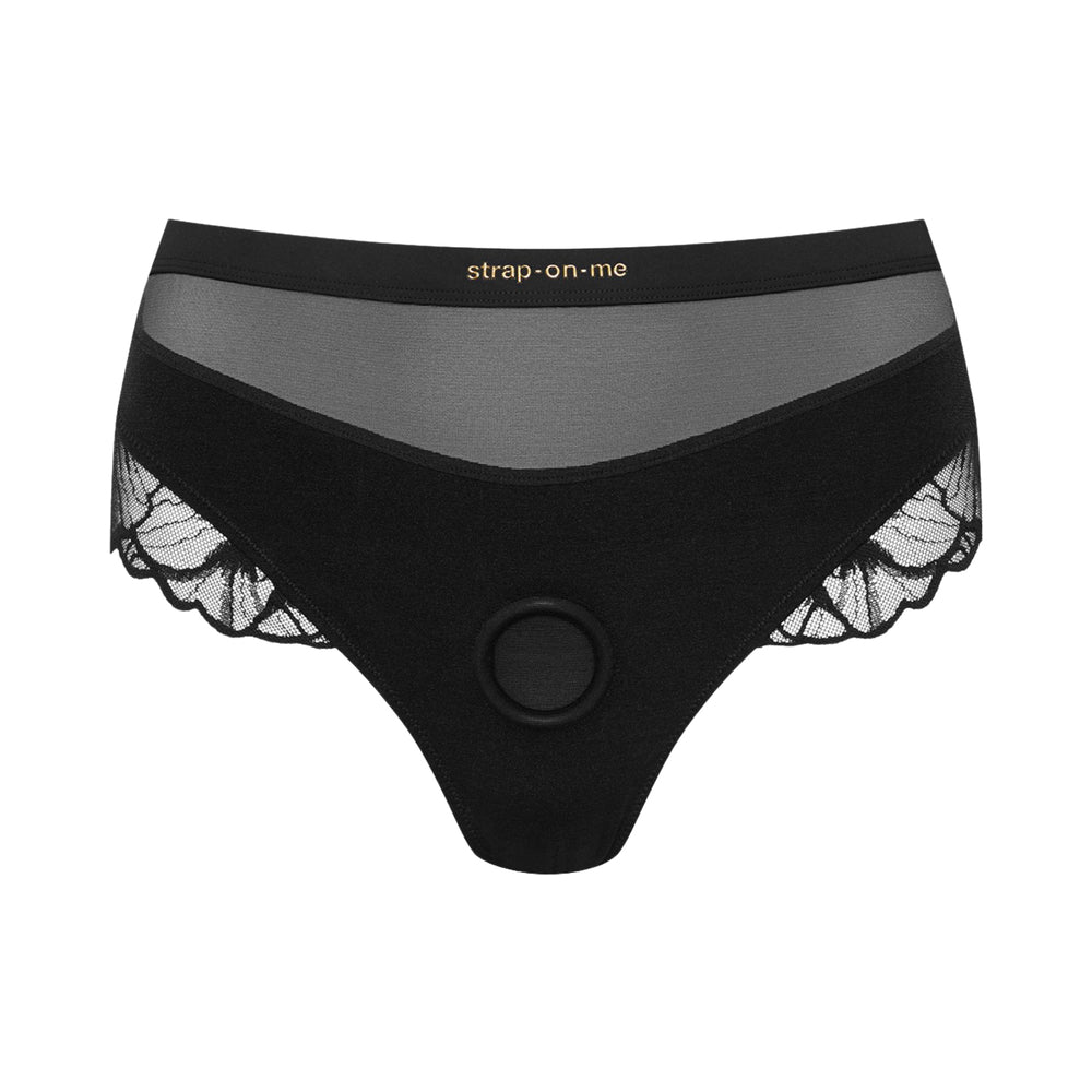 Strap-On-Me Sublime Lingerie Harness XL Black featuring a sheer lace design and thong cut.