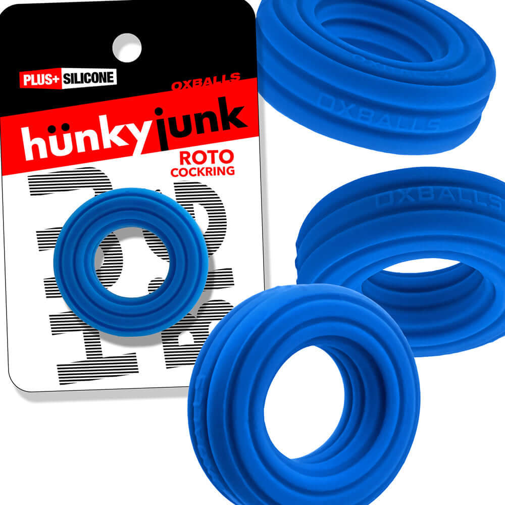 Oxballs Hunkyjunk Roto Grooved Gripper-ribbed Cockring Teal Fizz displayed with packaging and product features.
