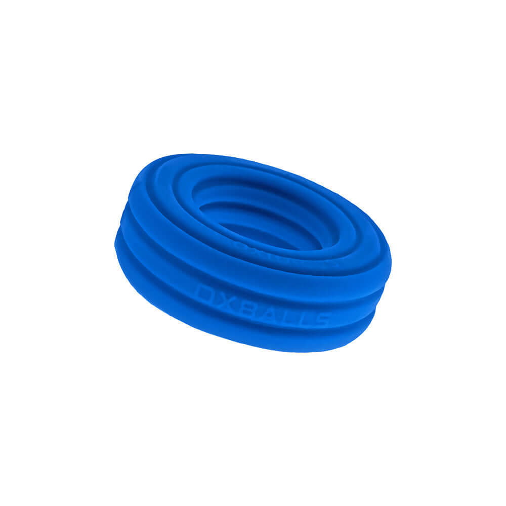 Oxballs Hunkyjunk Roto Grooved Gripper-ribbed Cockring Teal Fizz in vibrant blue silicone with ribbed texture.