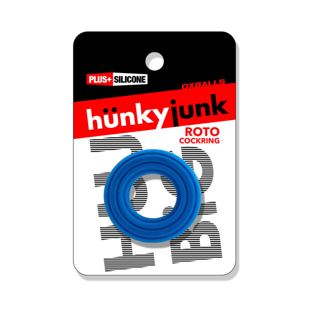 Oxballs Hunkyjunk Roto Grooved Gripper-ribbed Cockring Teal Fizz packaging with a blue silicone cockring