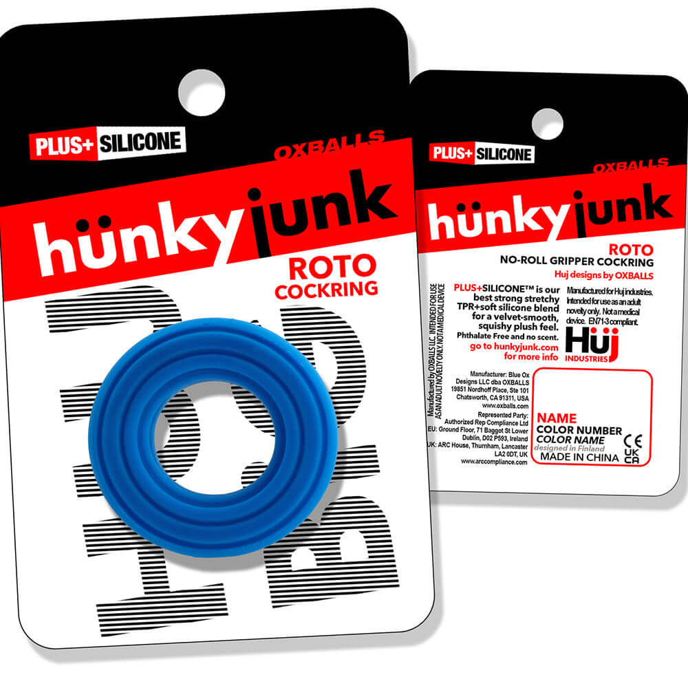 Oxballs Hunkyjunk Roto Grooved Gripper-ribbed Cockring Teal Fizz packaging with silicone cockring on display.