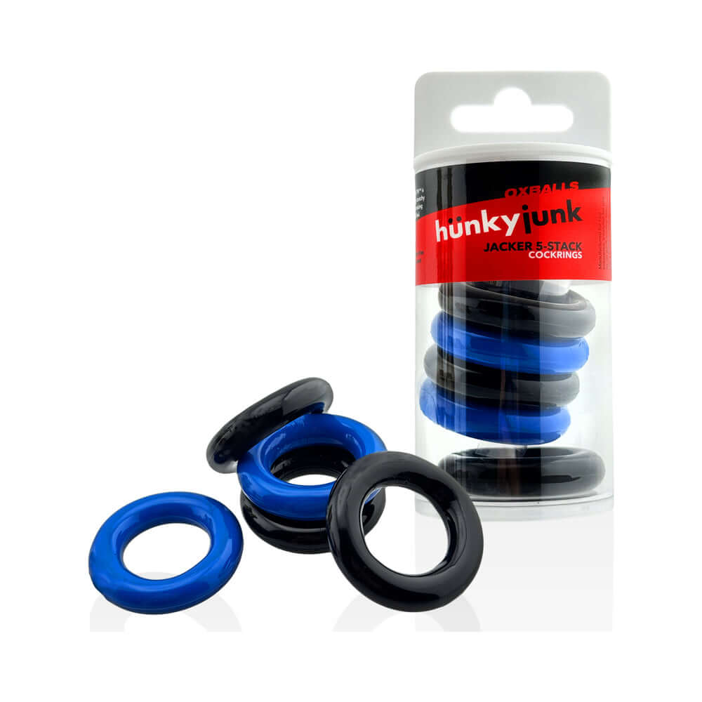 Oxballs Hunkyjunk Jacker 5-stack Super-strong Cockrings Blue Black in a clear packaging with blue and black rings.