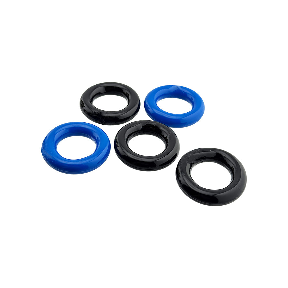 Oxballs Hunkyjunk Jacker 5-stack Super-strong Cockrings Blue Black set of five rings in blue and black colors
