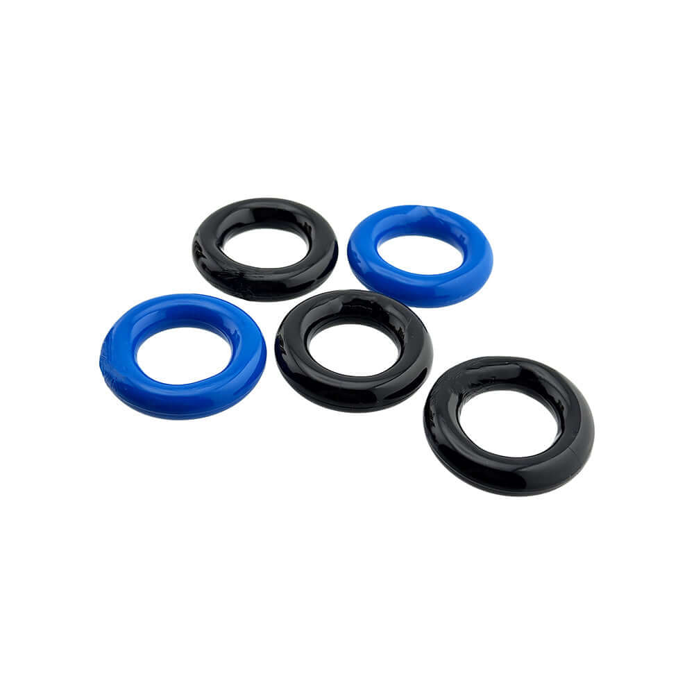 Oxballs Hunkyjunk Jacker 5-stack Super-strong Cockrings Blue Black set of five rings in blue and black colors