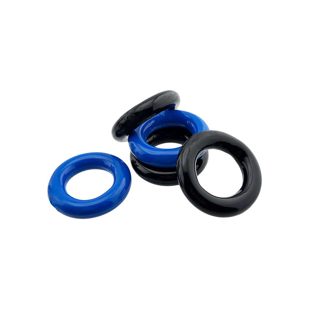 Oxballs Hunkyjunk Jacker 5-stack Super-strong Cockrings Blue Black set showcasing blue and black rings.