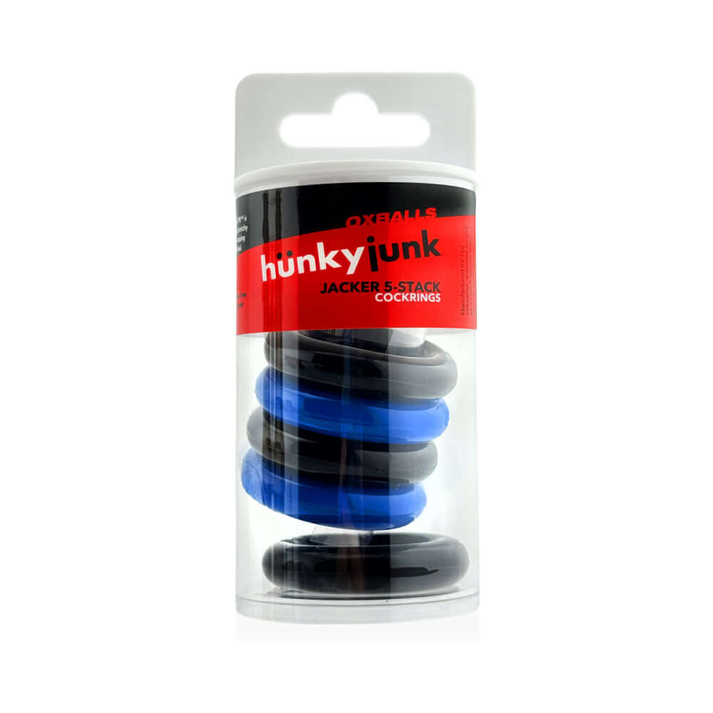 Oxballs Hunkyjunk Jacker 5-stack Super-strong Cockrings Blue Black in packaging with blue and black rings visible.