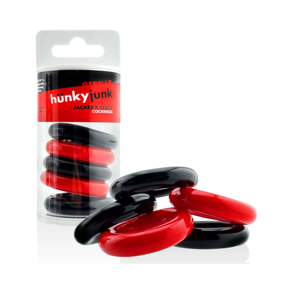 Oxballs Hunkyjunk Jacker 5-stack Five-pack Cockrings Red Black in packaging with flexible rings displayed.