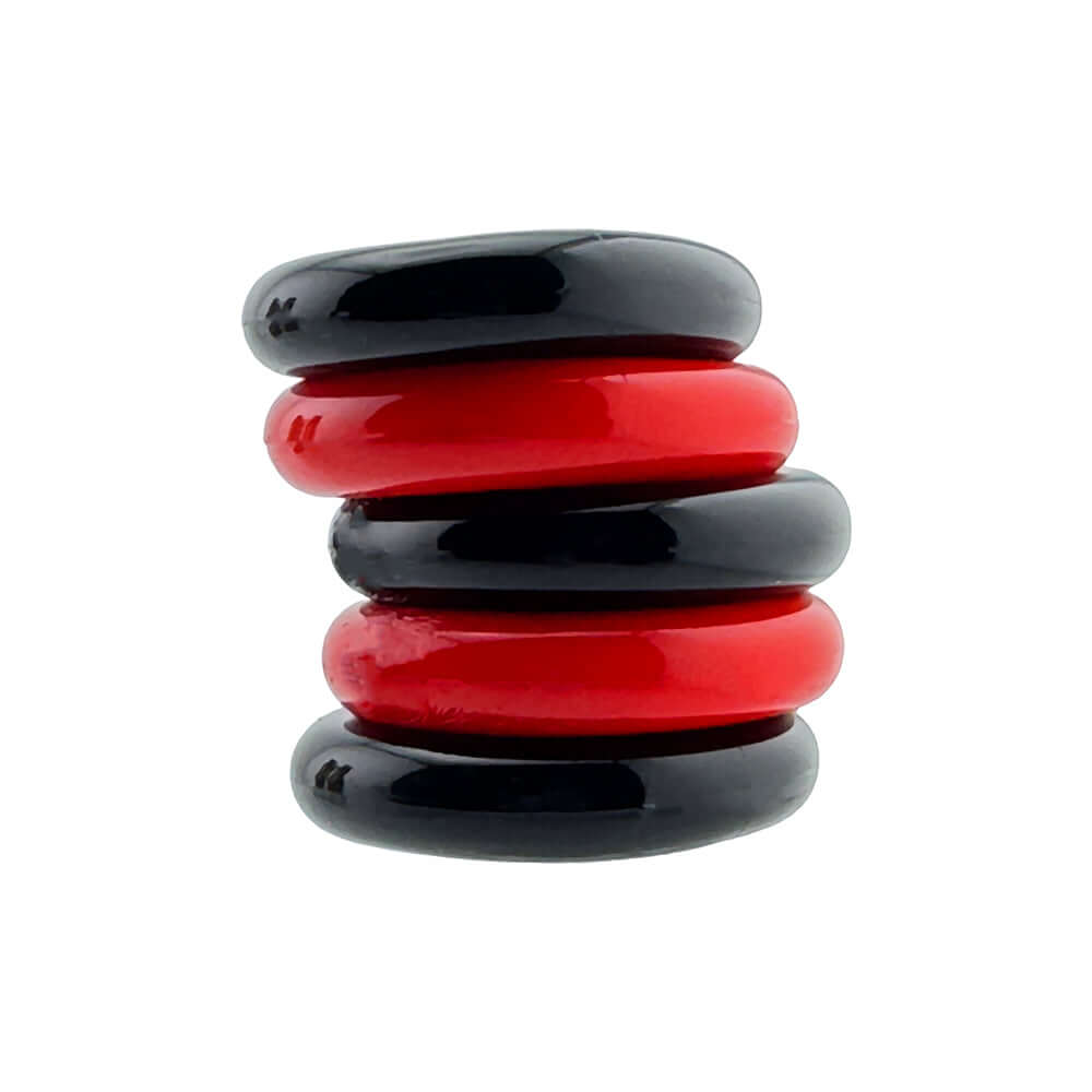 Oxballs Hunkyjunk Jacker 5-stack Five-pack Cockrings Red Black stacked rings in red and black colors.
