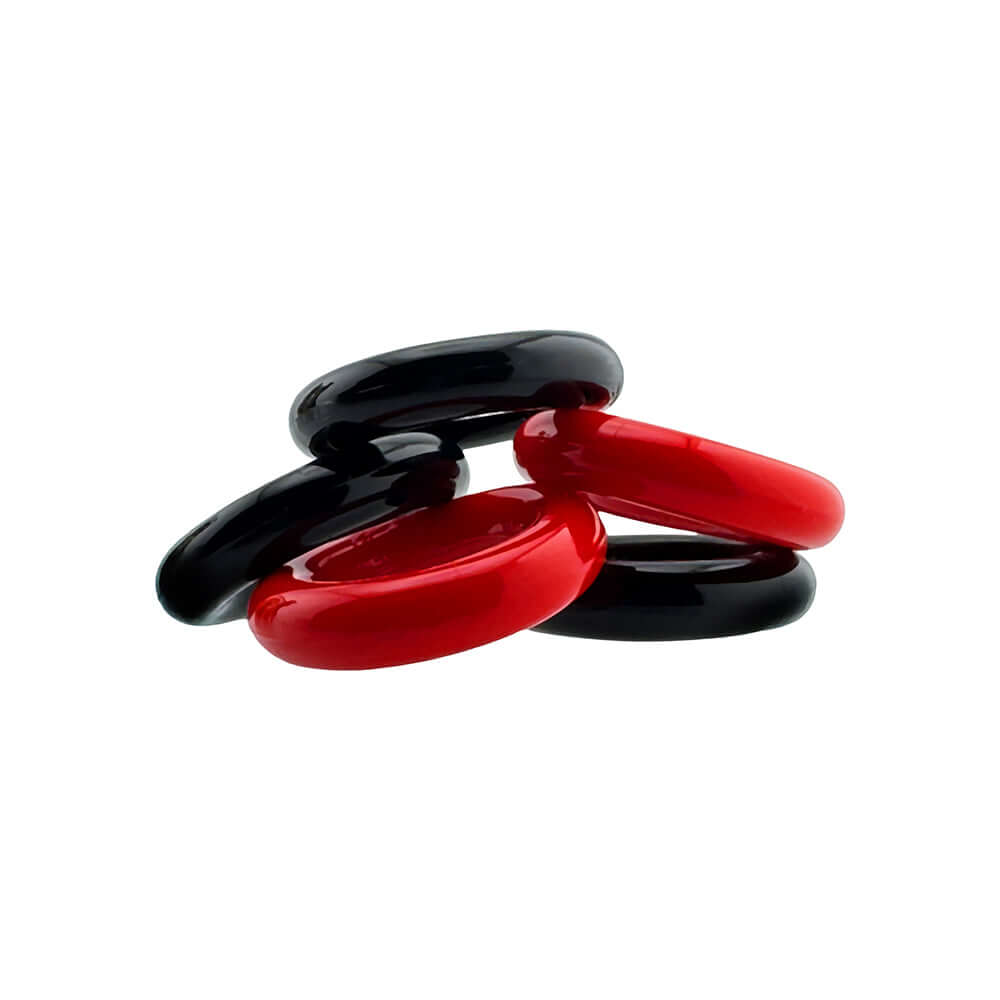 Oxballs Hunkyjunk Jacker 5-stack Five-pack Cockrings Red Black - Ultra-stretchy performance rings in red and black.