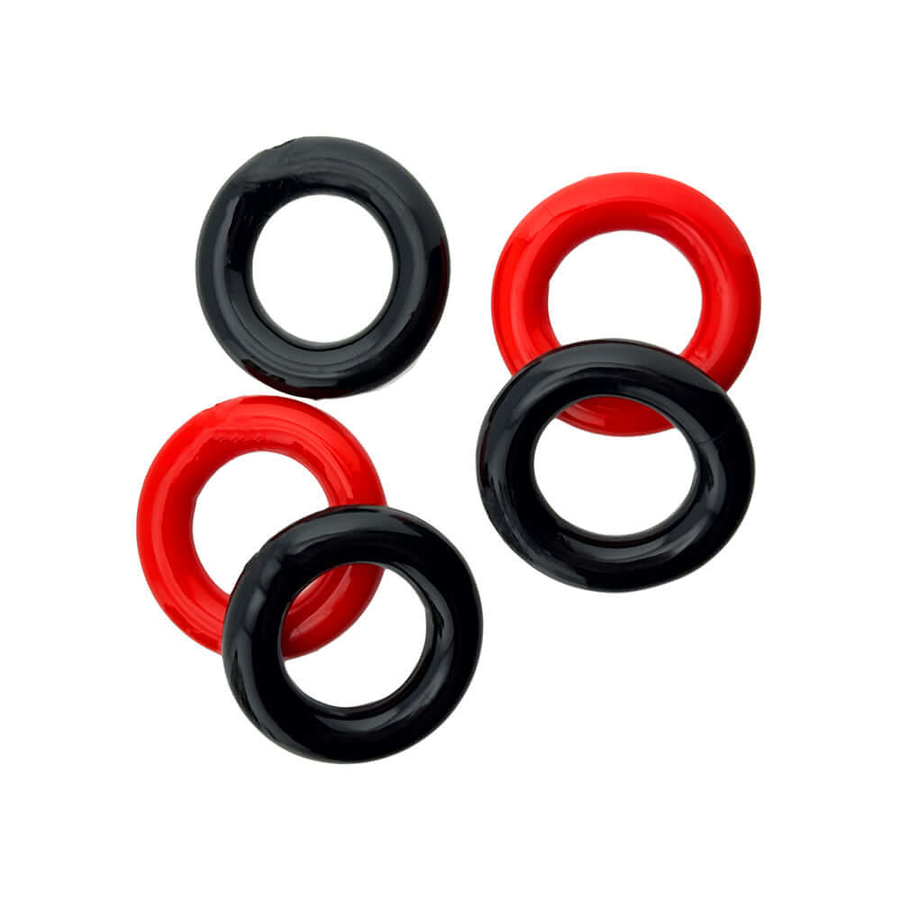 Oxballs Hunkyjunk Jacker 5-stack Five-pack Cockrings Red Black in red and black colors.
