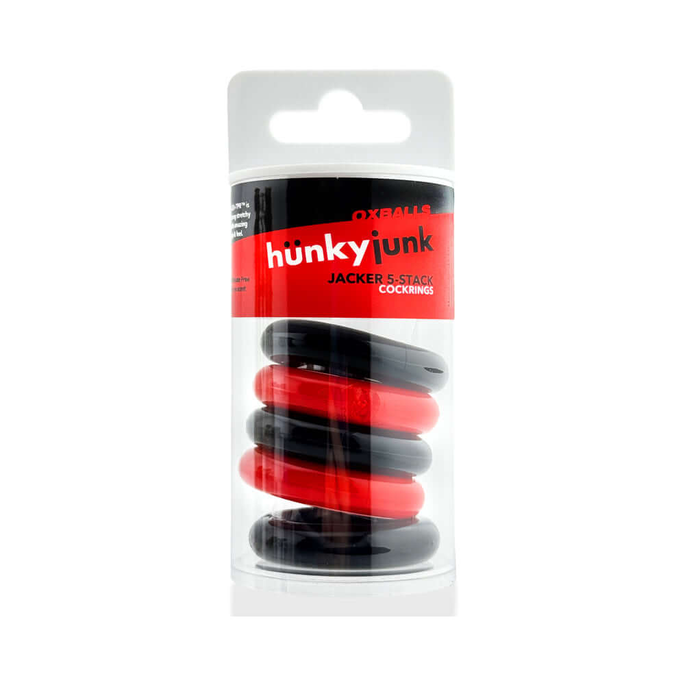 Oxballs Hunkyjunk Jacker 5-stack Five-pack Cockrings Red Black in packaging displaying five ultra-stretchy rings.