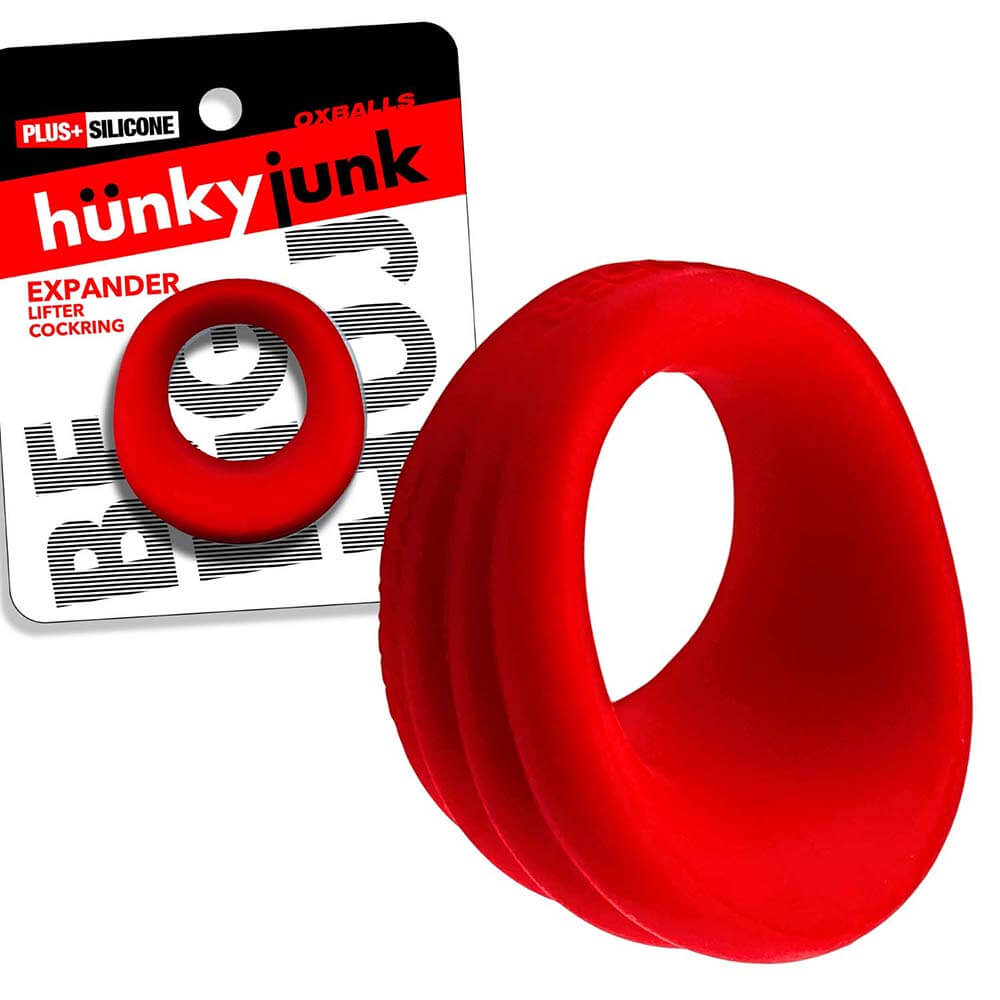 Oxballs Hunkyjunk Expander Slimmer Scoop Style Cockring Red with packaging showing its ergonomic design.