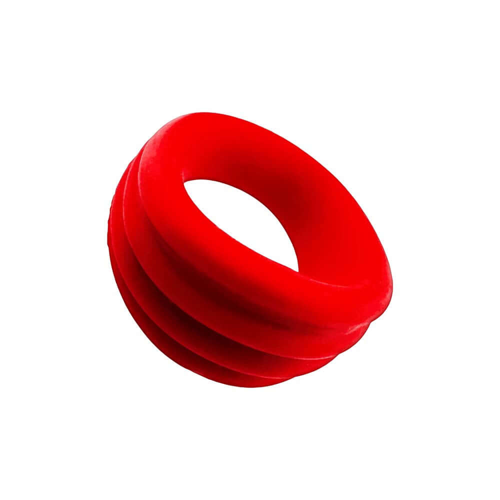 Oxballs Hunkyjunk Expander Slimmer Scoop Style Cockring Red displayed in a vibrant red color, showcasing its ergonomic design.