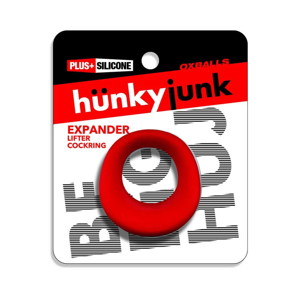 Oxballs Hunkyjunk Expander Slimmer Scoop Style Cockring Red packaging with a red silicone cockring.
