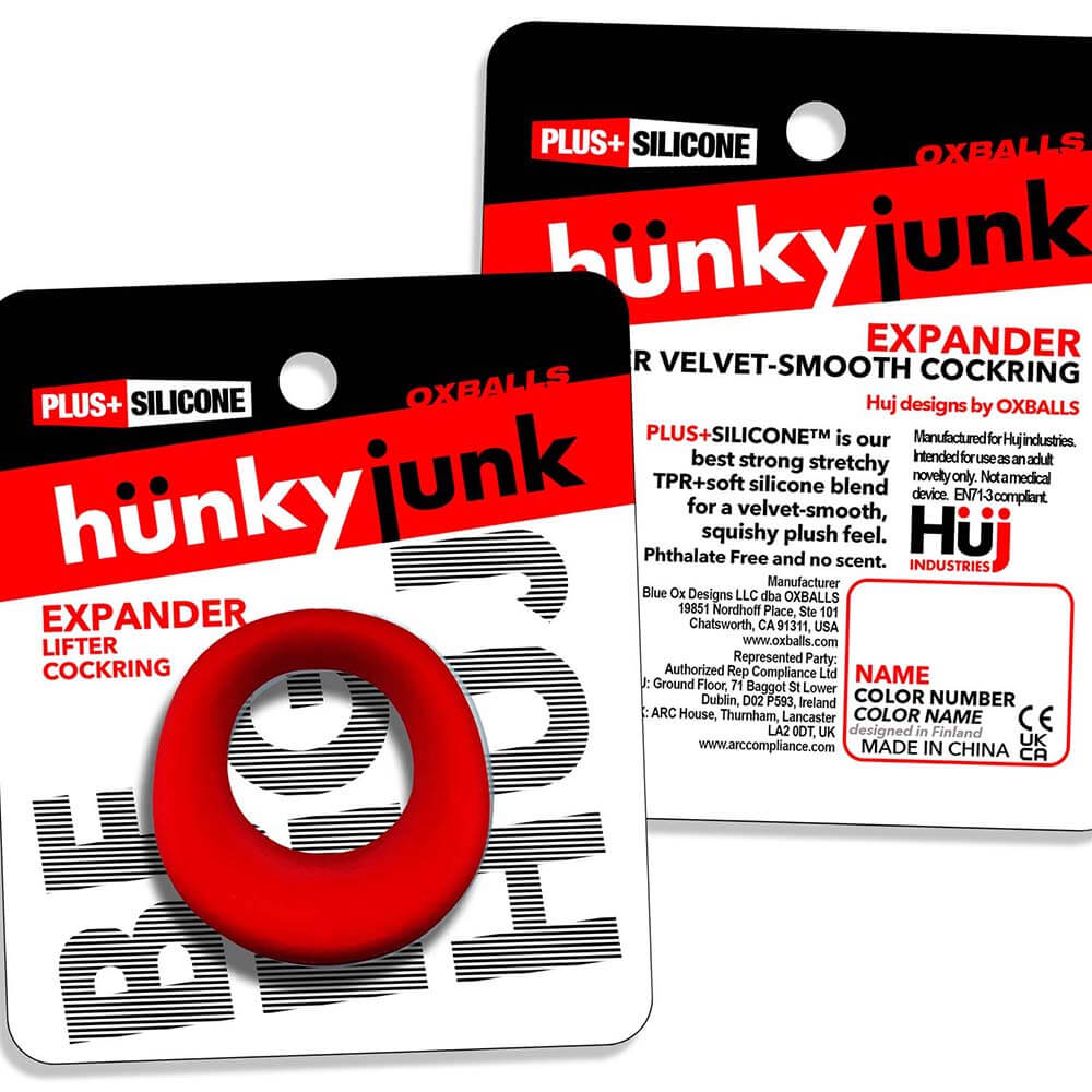 Oxballs Hunkyjunk Expander Slimmer Scoop Style Cockring Red packaging with scoop-style cockring highlighted.