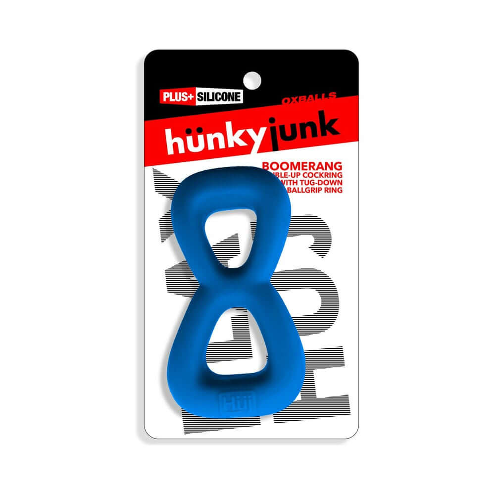 Oxballs Hunkyjunk Boomerang Double Cockring & Nut-tugger Teal Fizz on packaging with Plus+SILICONE label.
