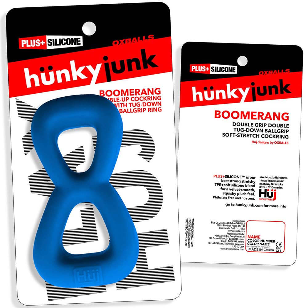 Oxballs Hunkyjunk Boomerang Double Cockring & Nut-tugger Teal Fizz packaging with blue double cockring design.