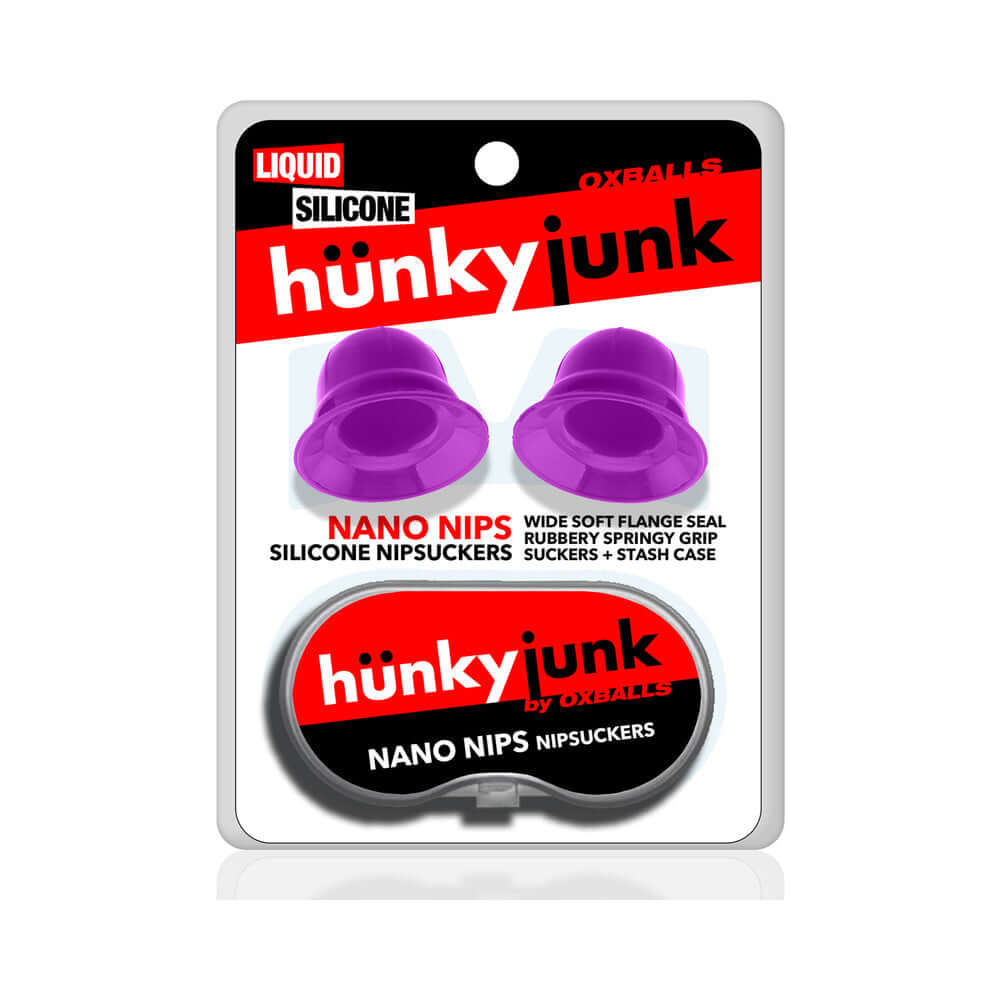 Hunkyjunk Nano Nips Nipple-nubs Purple Silicone package featuring silicone nipsuckers and storage case.