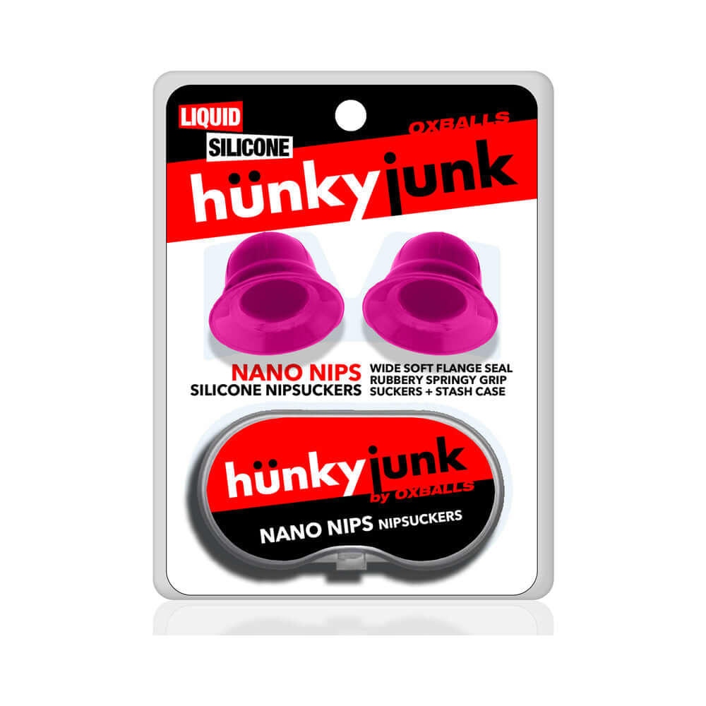 Oxballs Hunkyjunk Nano Nips Nipple-nubs Pink Silicone in packaging with silicone nipsuckers displayed.