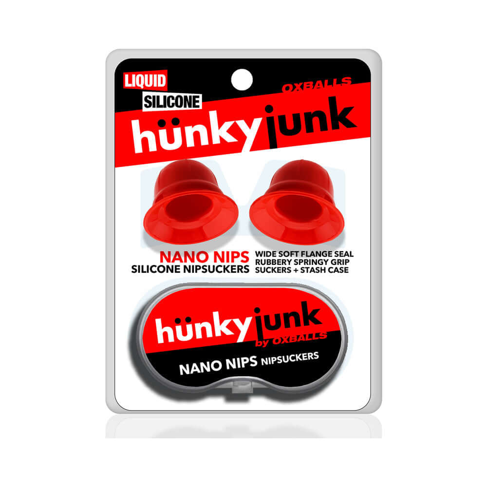 Hunkyjunk Nano Nips Nipple-nubs Red Silicone packaging featuring nipple suction cups and a stash case.