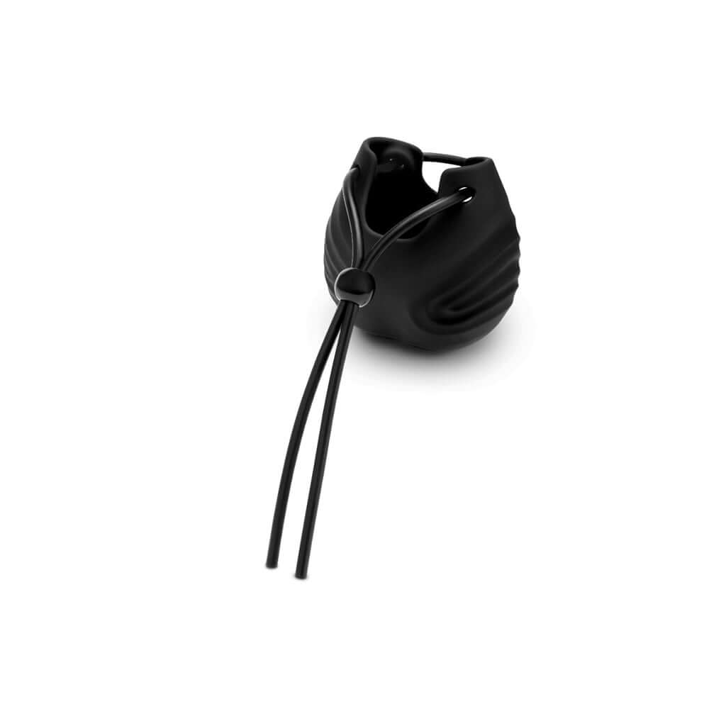 Prowler Red Vibrating Ball Bag shown in black silicone with drawstrings for adjustable fit.