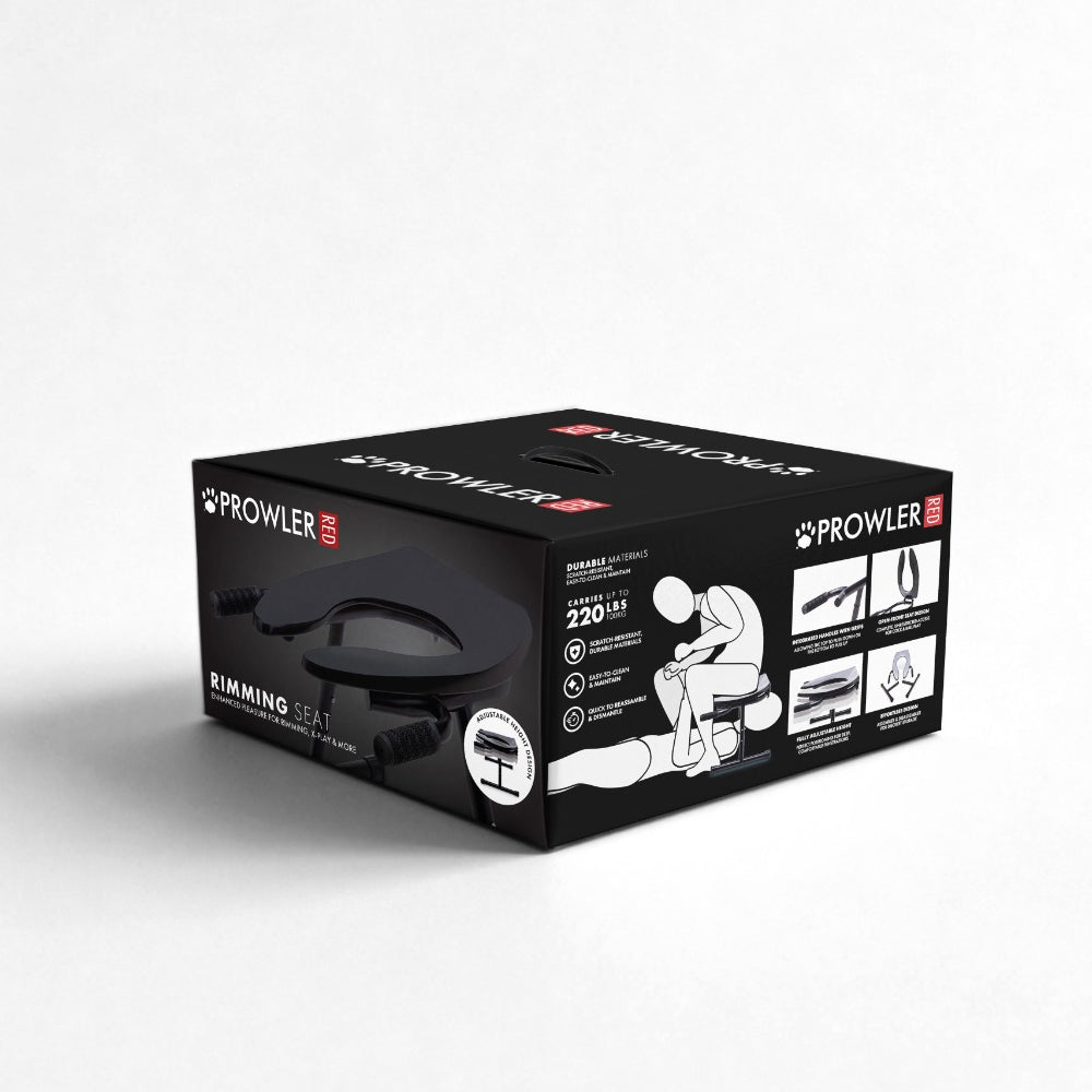 Prowler Red Rimming Seat Black packaging displaying features and usage for enhanced pleasure.