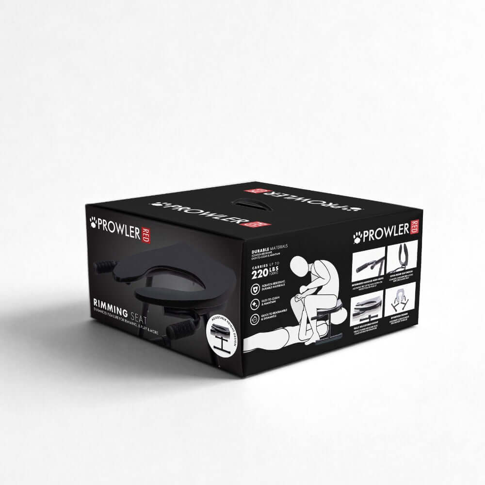 Prowler Red Rimming Seat Black packaging displaying features and usage for enhanced pleasure.
