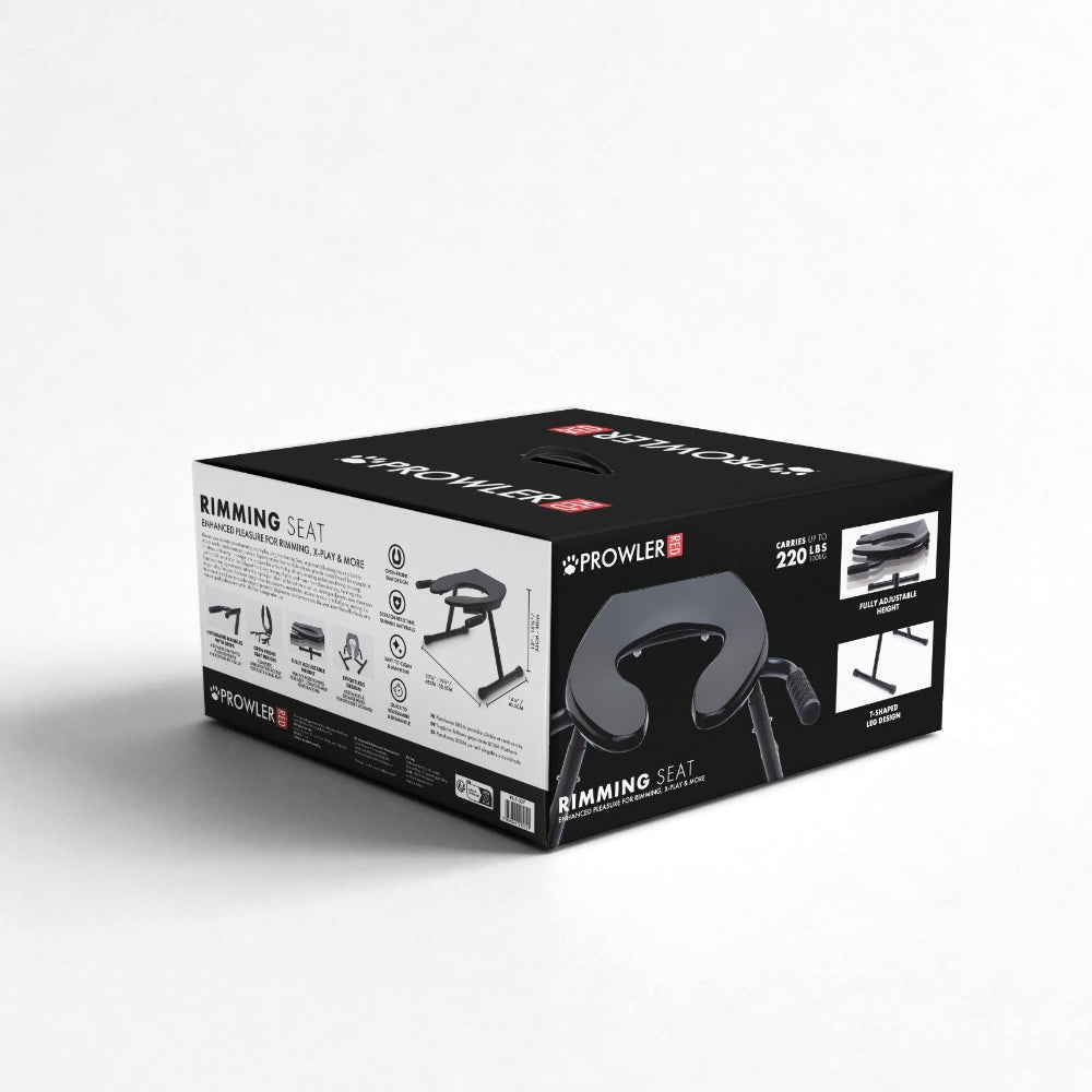 Prowler Red Rimming Seat Black packaging showcasing features and design for optimal pleasure.