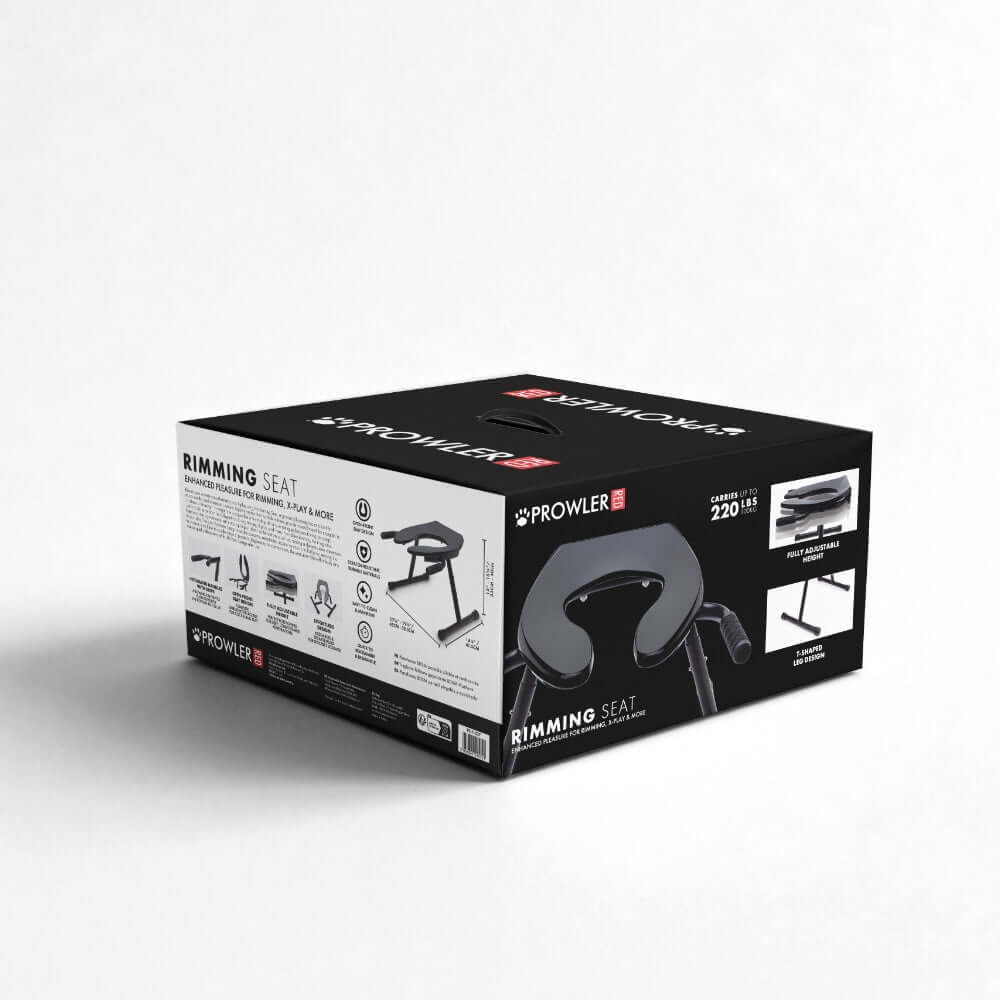 Prowler Red Rimming Seat Black packaging showcasing features and design for optimal pleasure.