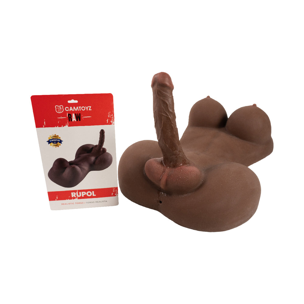 Camtoyz Raw Torso Transexual Rupol Piel Oscura Chocolate displayed with packaging.