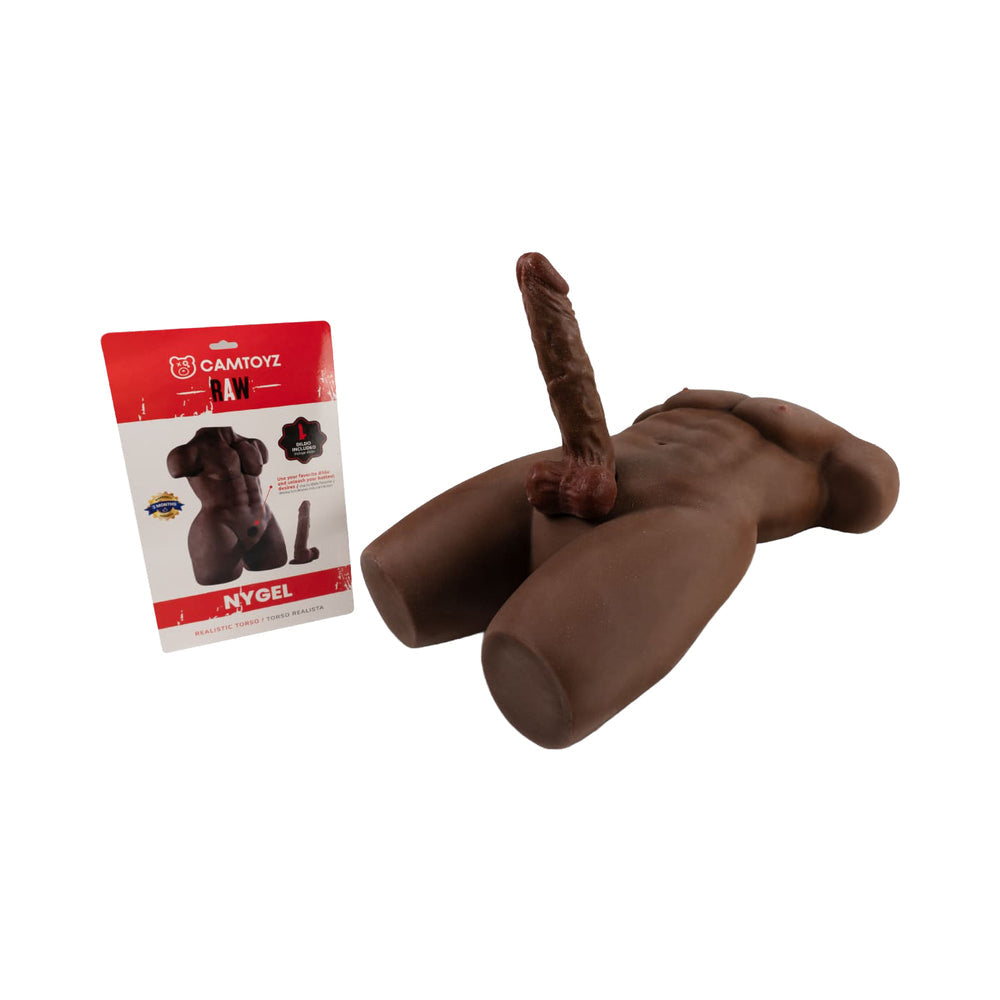 Camtoyz Raw Torso Masculino Nygel Piel Oscura Chocolate displayed with packaging for realistic anatomical features.