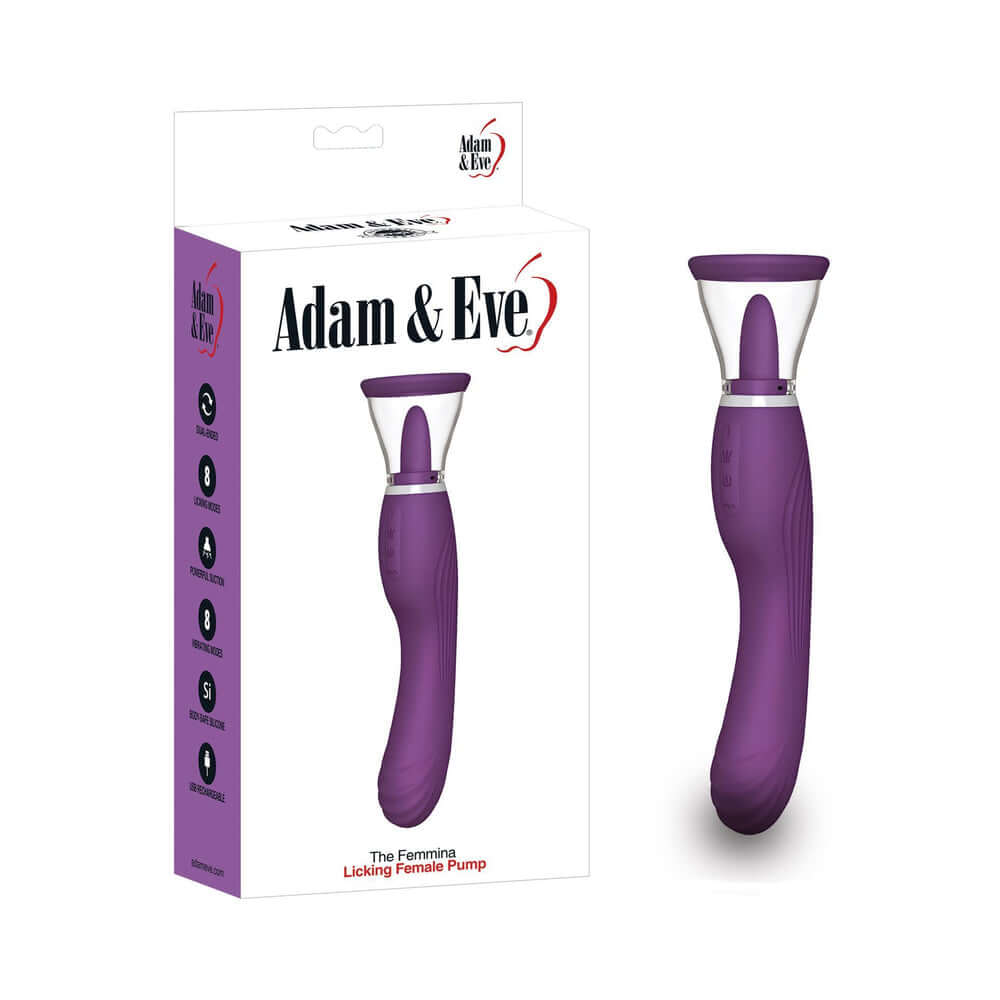 Adam & Eve The Femmina Licking Pump packaging featuring a purple triple-action stimulator for customizable pleasure.