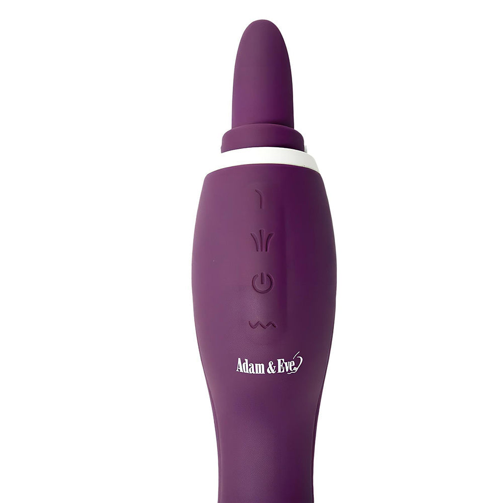 Adam & Eve The Femmina Licking Pump close up, featuring control settings and smooth texture for customizable pleasure.