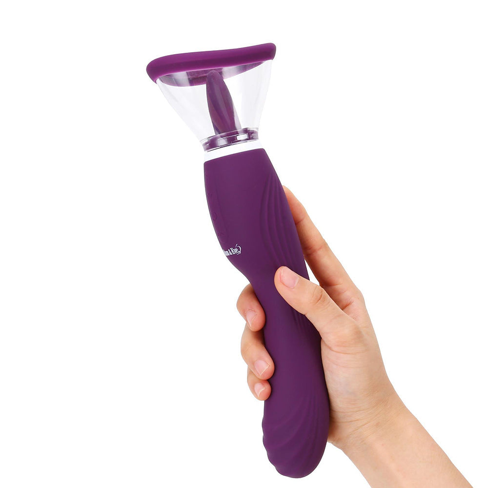 Adam & Eve The Femmina Licking Pump held in hand, featuring suction, licking, and vibration functions for pleasure.