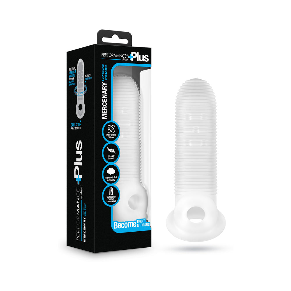Performance Plus Mercenary Silicone Penis Sheath Small in packaging, a girth-enhancing sleeve for enhanced intimacy.