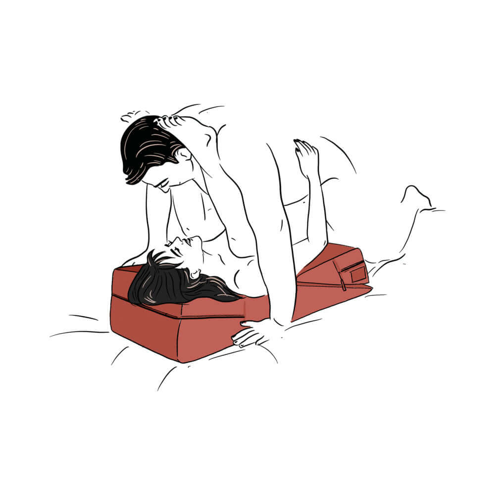 Liberator Wedge & Ramp Sex Combo Original Size Red used by a couple enhancing intimacy and comfort.