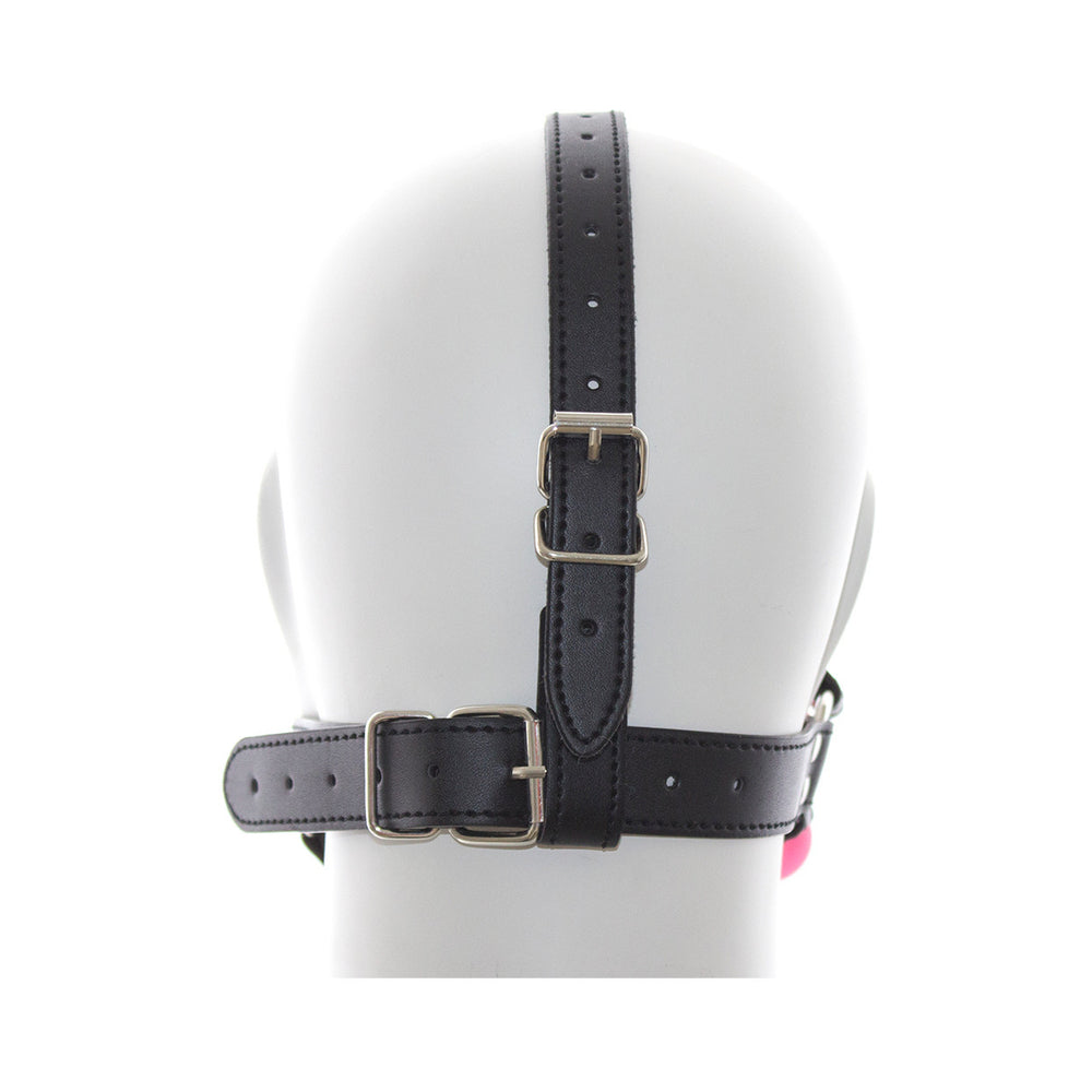 Back view of the Ple'sur Face Harness Ball Gag Pink showcasing its adjustable straps and secure fit.
