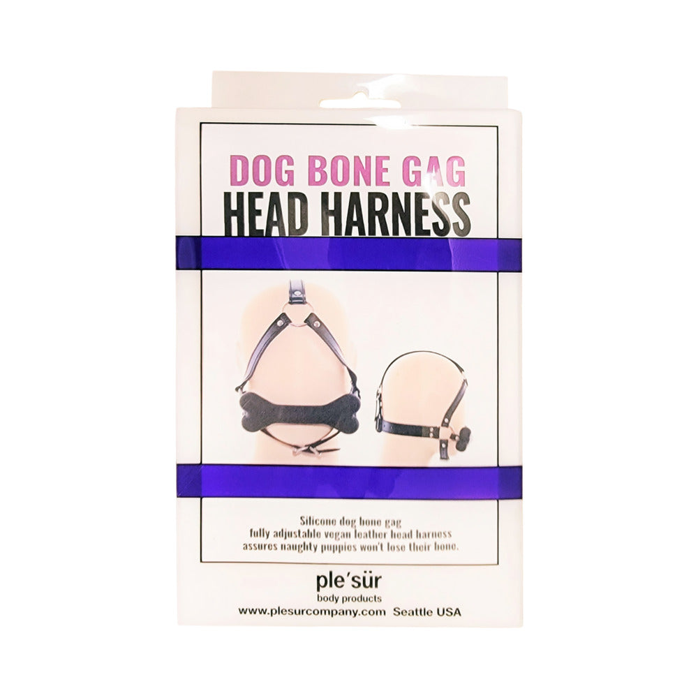 Ple'sur Face Harness Dog Bone Gag packaging showcasing head harness design and features.